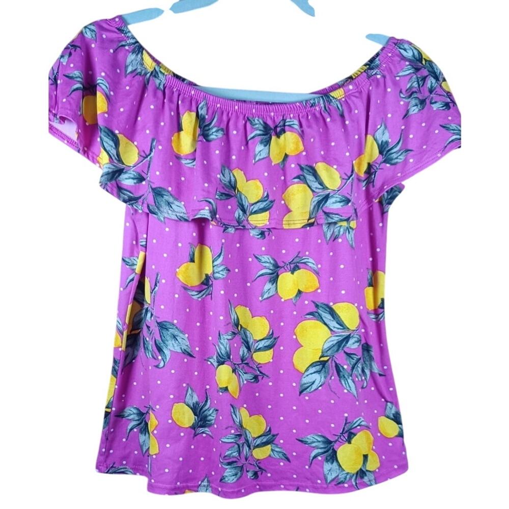 Women's XL Pink Lemon Print Off Shoulder Ruffle Peasant Blouse Polka Dot